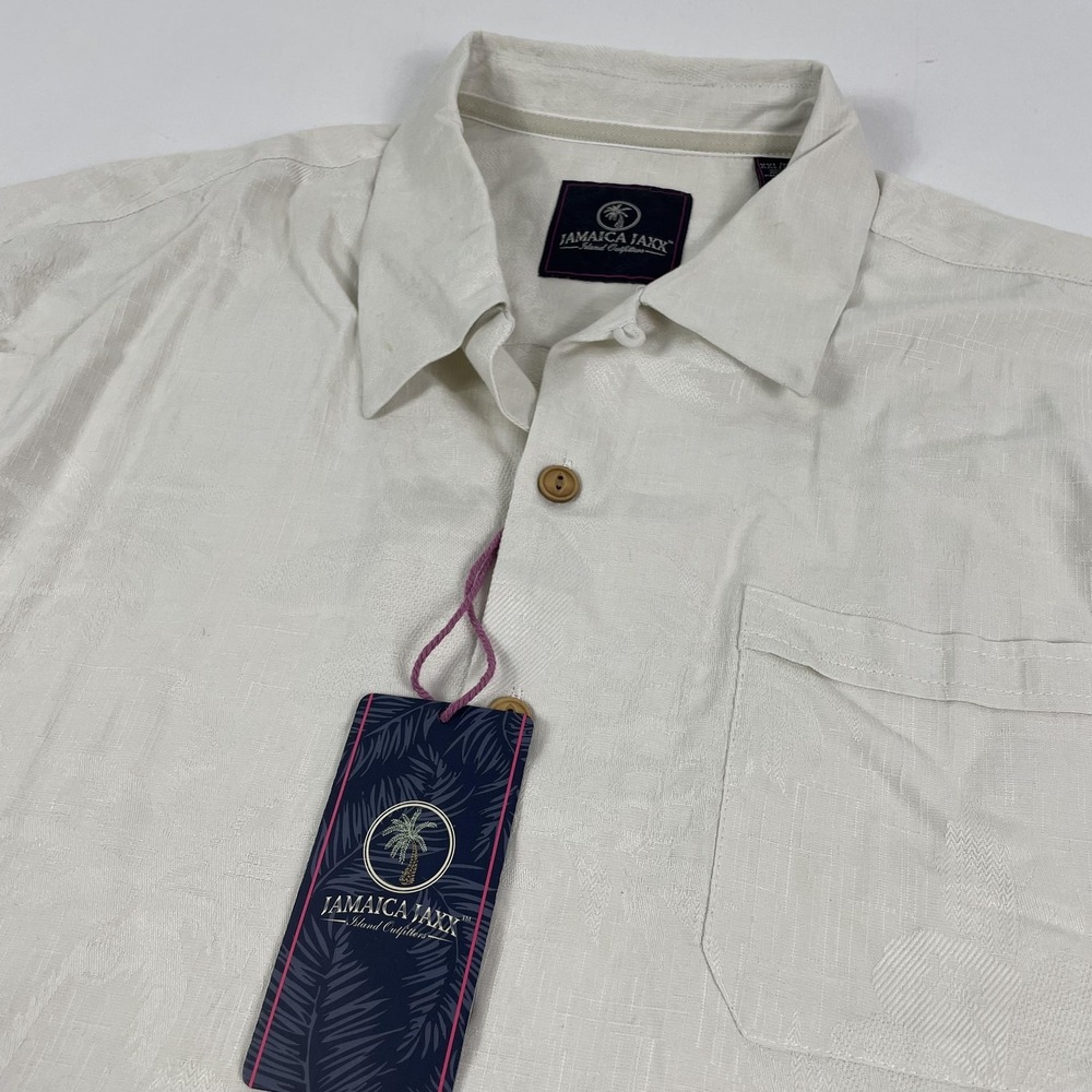 Jamaica Jaxx Shirt Mens‎ 2XL White Silk Jacquard Camp Short Sleeve Button Front